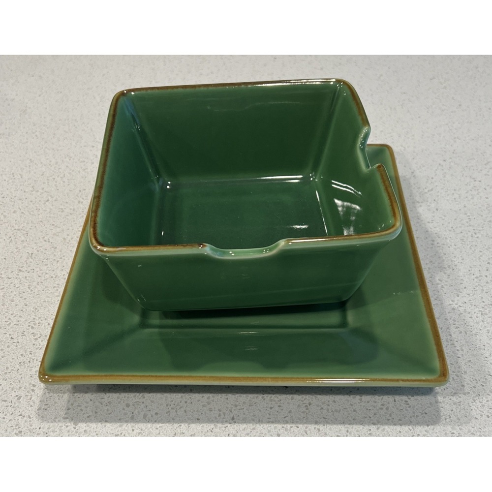 Set Of 2 Pottery Barn Asian 6 inch Square Green Noodle Soup Bowls And plate